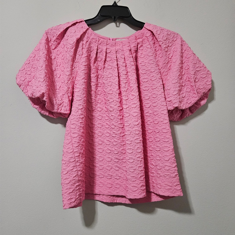 Jade Melody Tam Pink Jacquard Puff Sleeve Blouse Textured Floral Top XS